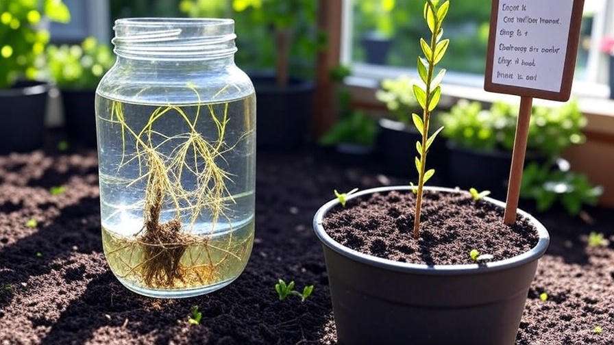 A glass jar with water holds plant roots beside a potted plant with green leaves. The scene is in a sunny garden, with a small sign nearby.