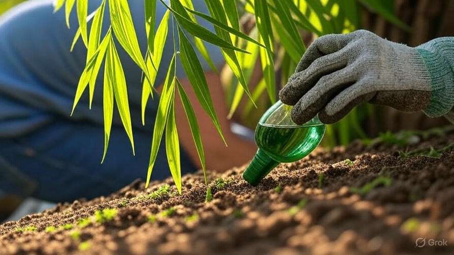 A gloved hand holding a magnifying glass examines seedlings in rich brown soil, surrounded by green foliage.