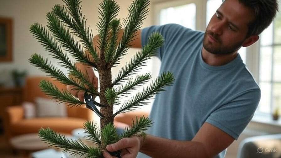 A person in a blue shirt is pruning a green pine tree branch with scissors in a cozy indoor setting.