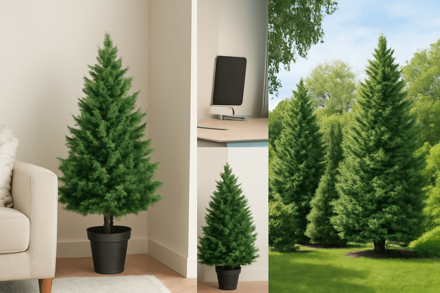 Three-panel image of pine trees. First shows a small tree by a beige couch indoors. Second features the same tree near an office desk. Third depicts tall pine trees outdoors under a blue sky.