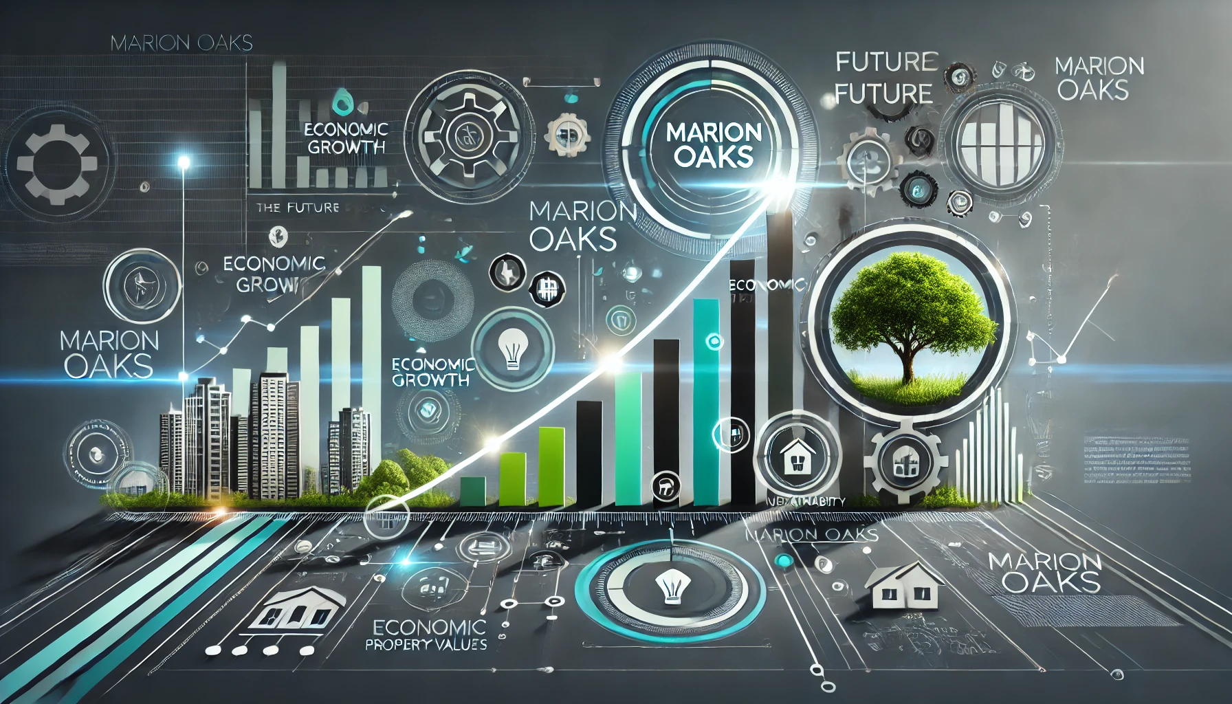 Infographic depicting economic growth and property values in Marion Oaks, featuring graphs, buildings, and sustainability symbols.