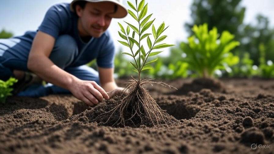 A person in a hat and blue shirt is planting a small tree sapling in rich, dark soil. The background shows green plants under a clear sky, conveying growth.