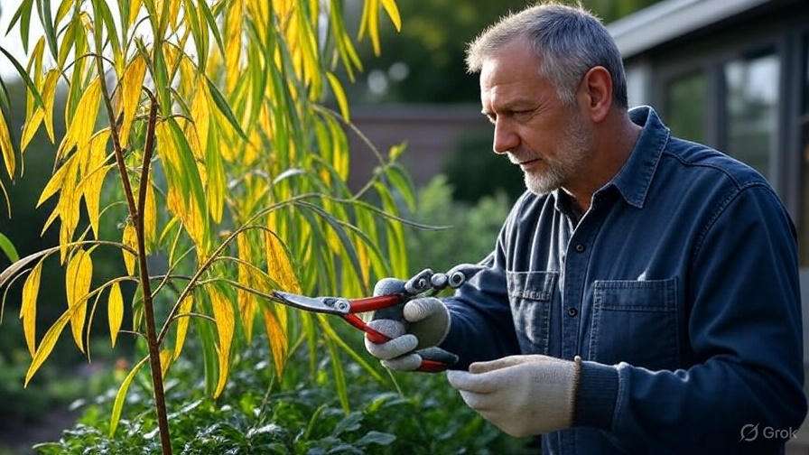 A man in a denim shirt and gloves uses pruning shears on a plant with yellow leaves, conveying focus and care in a garden setting.