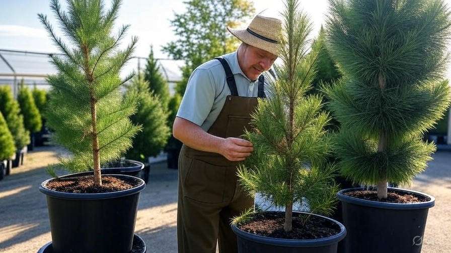 A gardener in a sunlit greenhouse attends to young potted pine trees, ensuring their healthy development.
