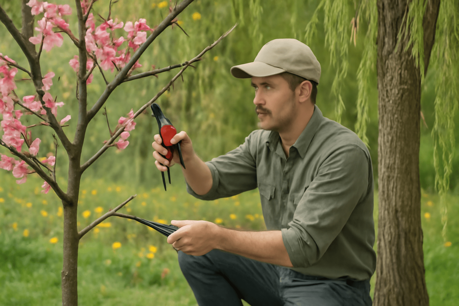 A man carefully trims a tree using a pair of scissors, focusing on shaping the branches.