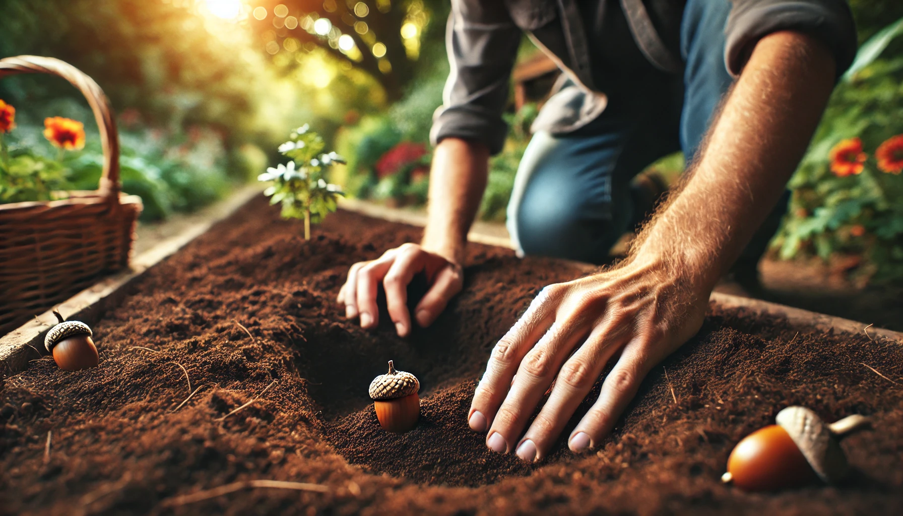 A person plants an acorn in rich soil while gardening, surrounded by lush greenery and sunlight filtering through trees.