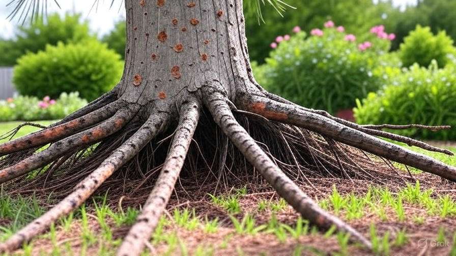 A close-up of a tree trunk and its sprawling roots, surrounded by lush green grass and colorful flowers in the background.