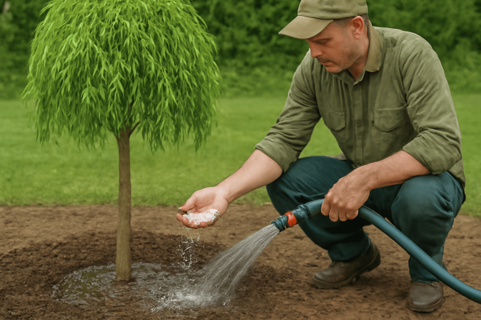 A man tending to a tree by watering it with a hose in a lush garden.