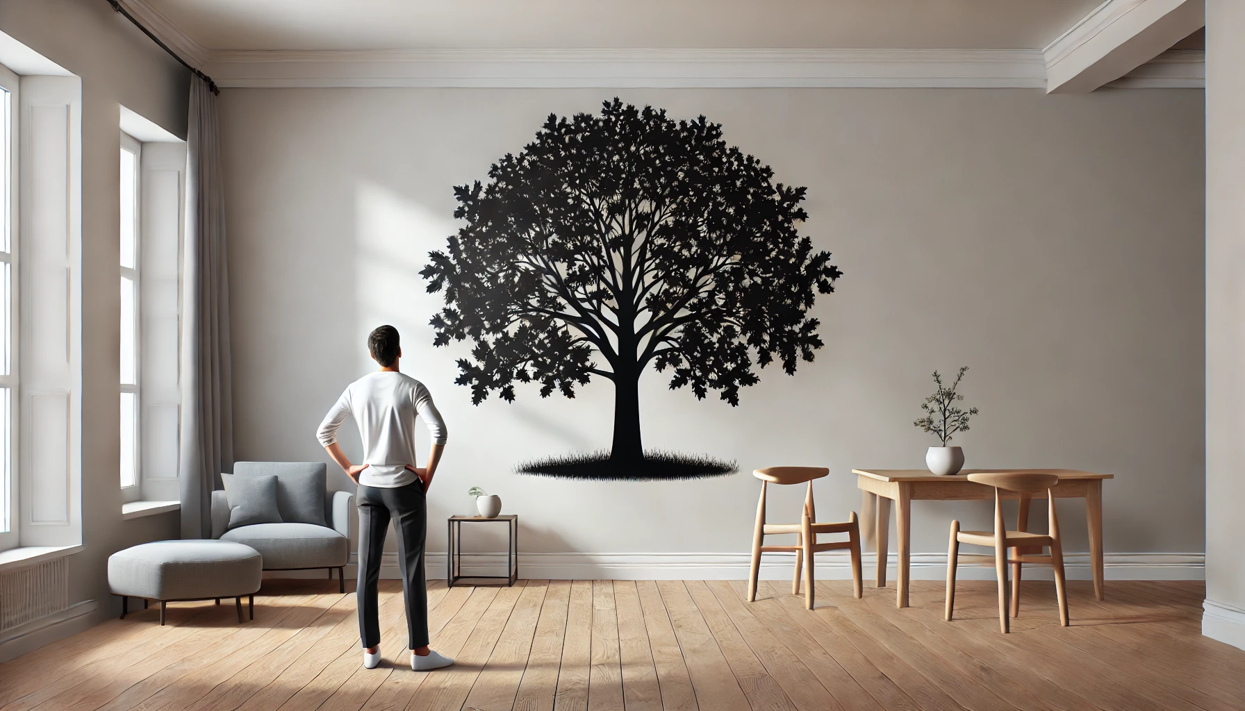 A man admires a large black tree mural in a modern, minimalistic room with wooden floors and simple furniture.
