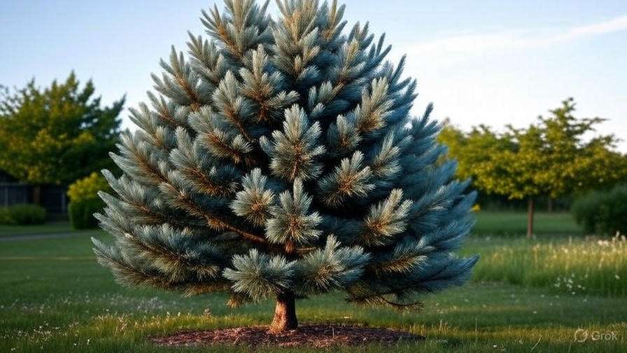 A lush blue spruce tree stands prominently in a green field, surrounded by smaller trees under a clear blue sky.