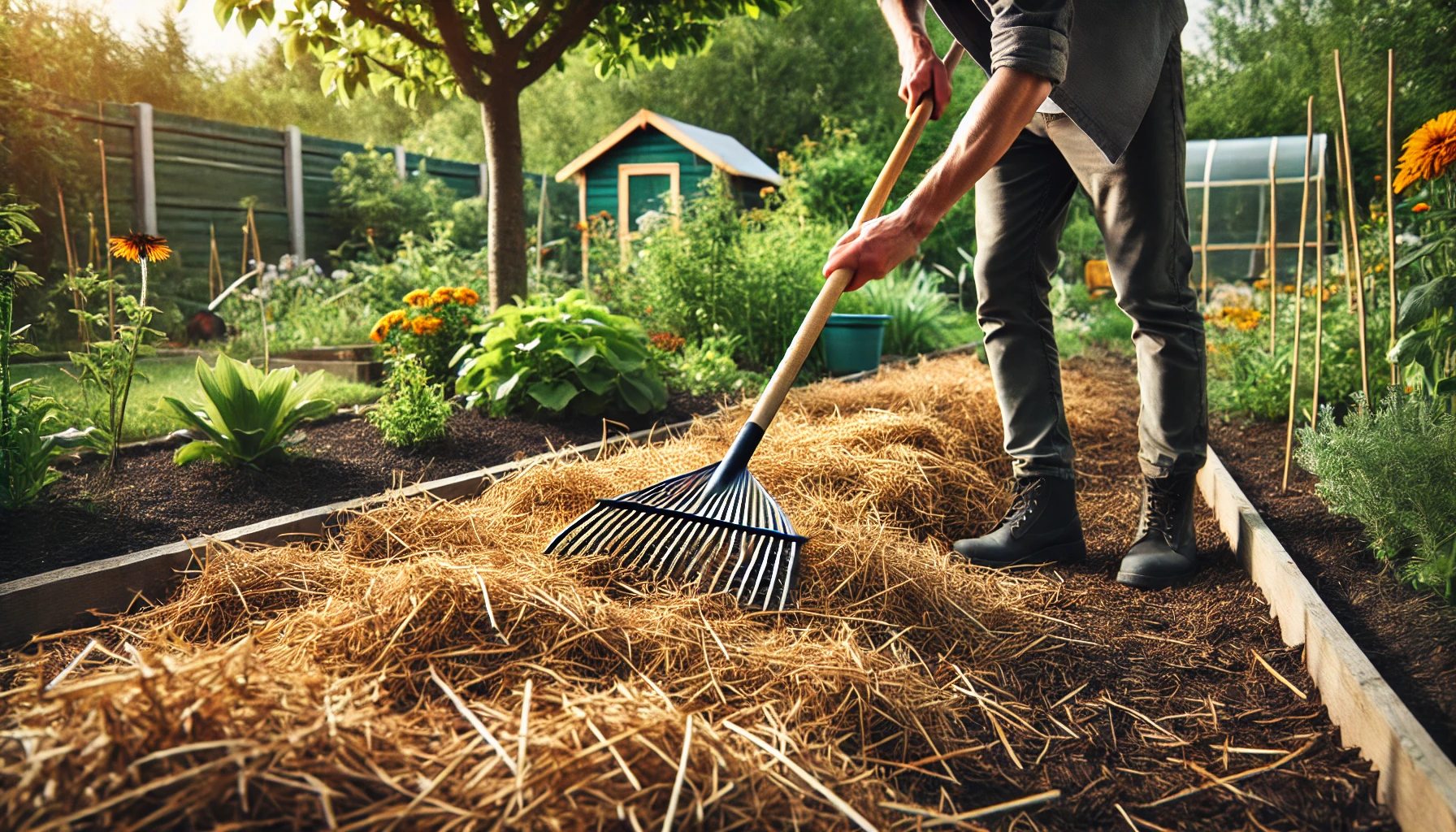 A gardener rakes straw on a preparation bed surrounded by vibrant flowers and plants in a lush garden, with a shed in the background.