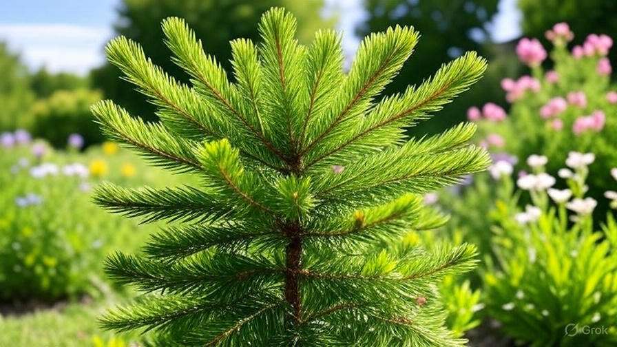 A young conifer tree with lush green needles, surrounded by vibrant flowers in a sunny garden setting.