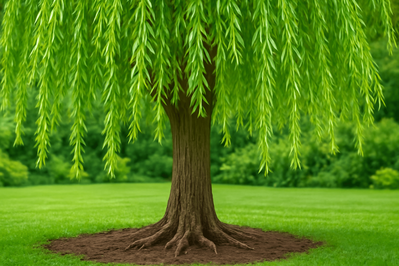 A lush willow tree with cascading green leaves gracefully touches the grass below. The serene scene conveys tranquility in a verdant park setting.