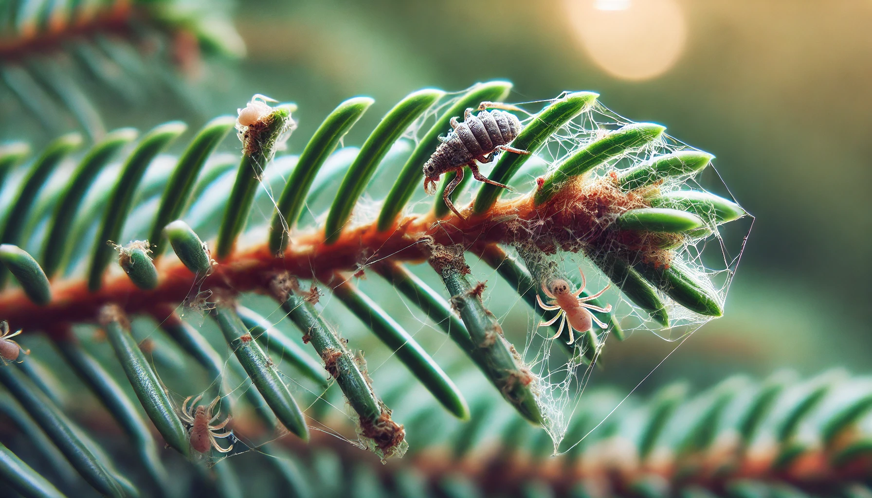 Close-up of spider and small insects on a green pine branch covered in fine webbing and debris, showcasing intricate details of nature.