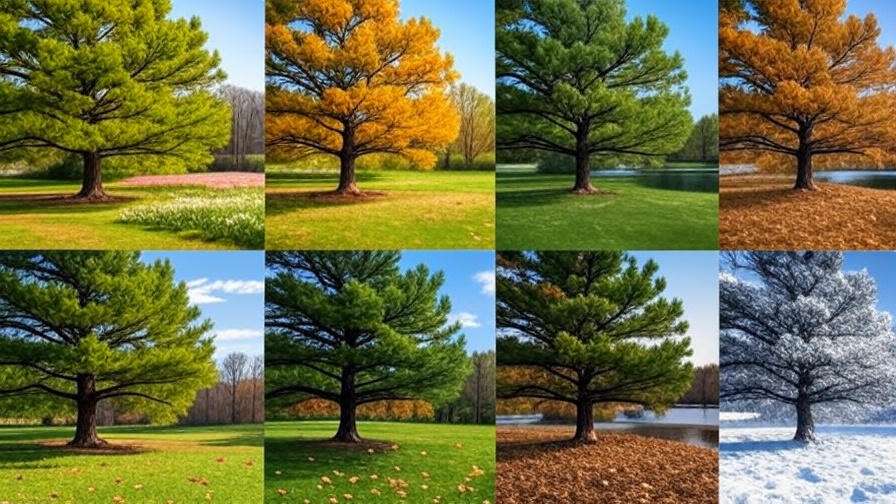 A collage showcasing a tree in four seasonal stages: vibrant green in spring, golden in autumn, rich green in summer, and snowy in winter.