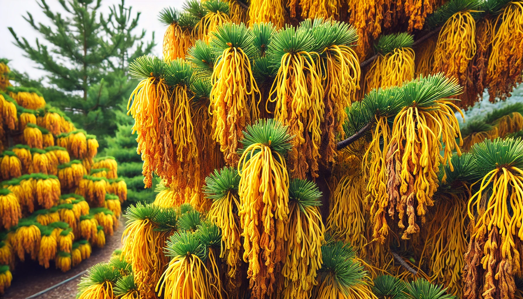 A close-up of vibrant yellow and green coniferous trees with long, flowing needle-like branches, creating a striking landscape scene.