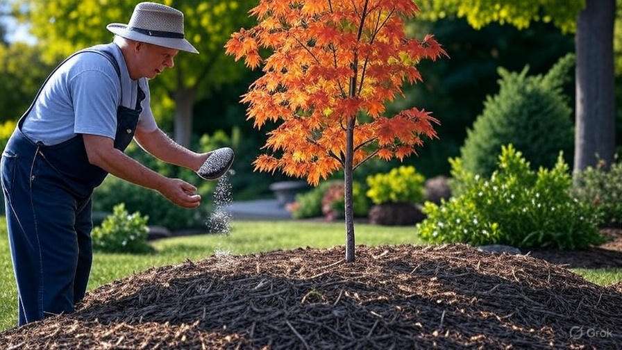 A person in overalls and a straw hat is spreading mulch around a vibrant orange maple tree in a lush garden.