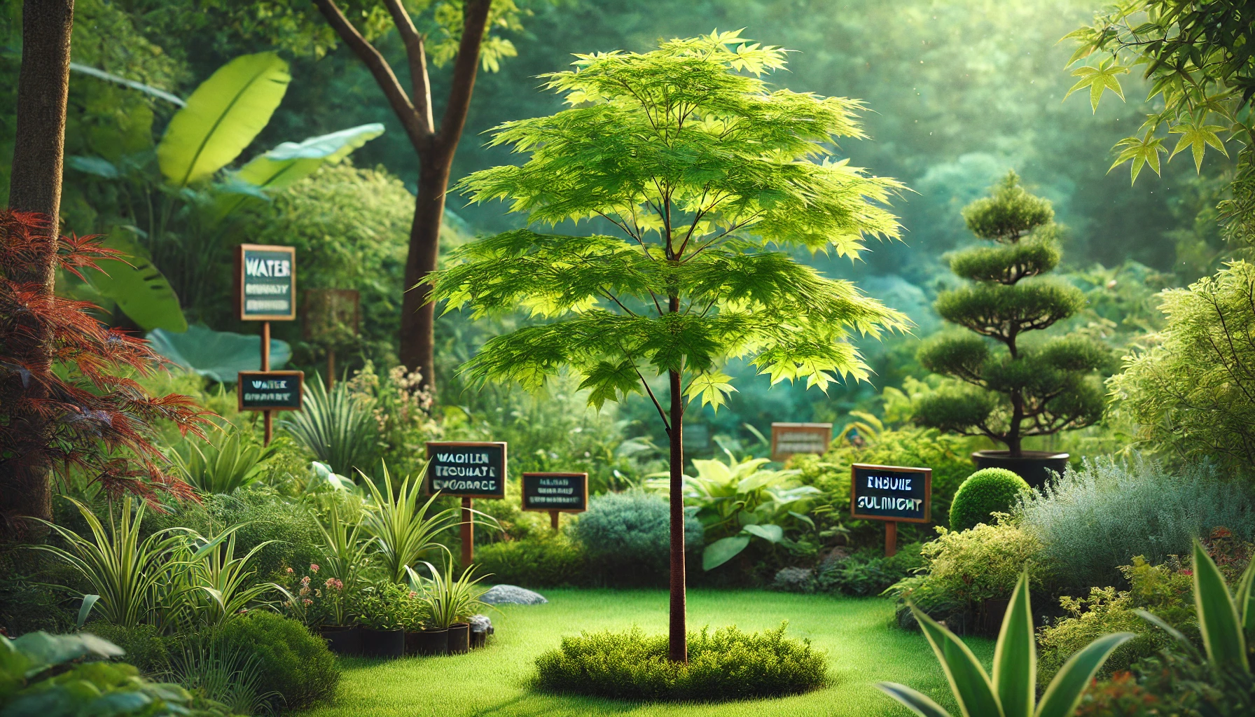 Lush garden scene featuring a vibrant maple tree, surrounded by diverse plants and informative signs about watering and sunlight needs.