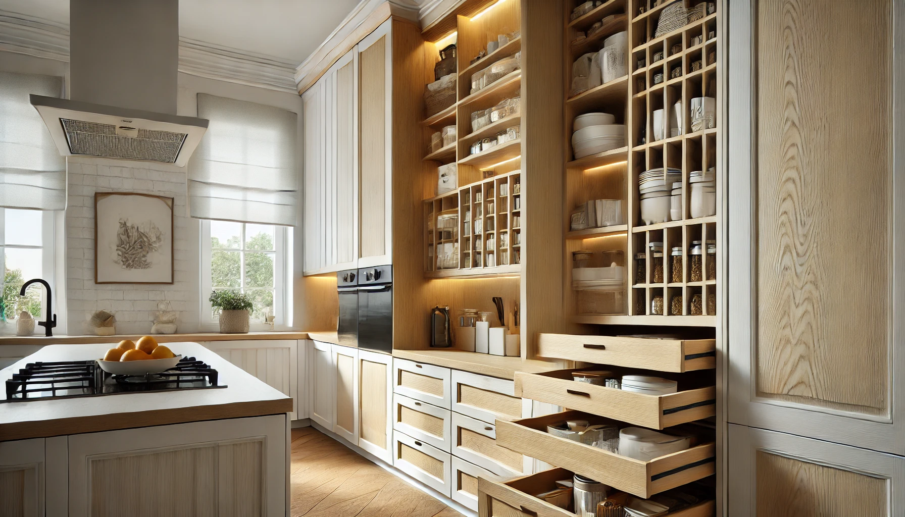 A modern kitchen with a gas stove, organized shelves, and wooden drawers showcasing neatly arranged dishes and utensils.
