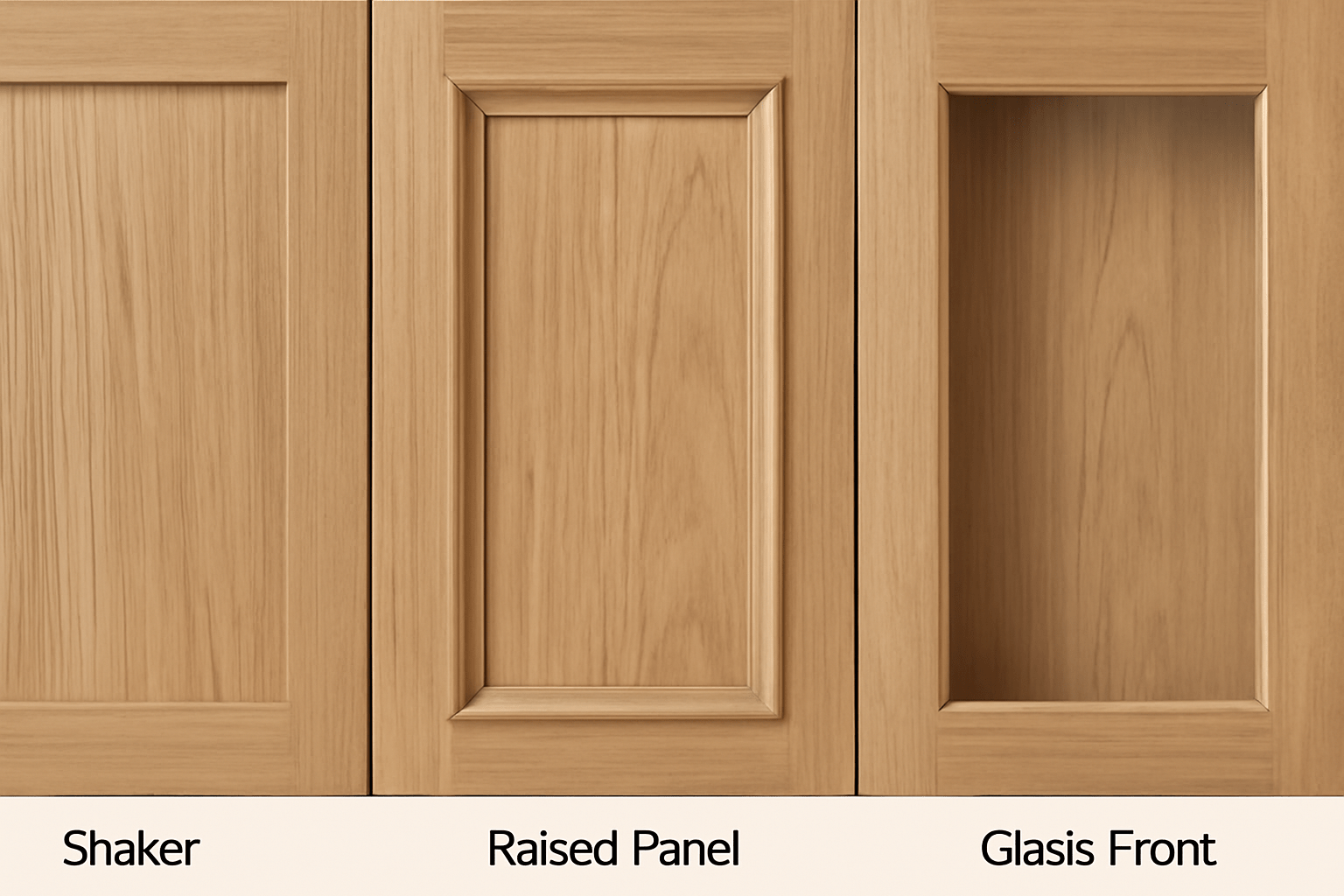 Three wood cabinet door styles: Shaker, Raised Panel, and Glass Front, displayed in light oak finish with labels underneath each type.