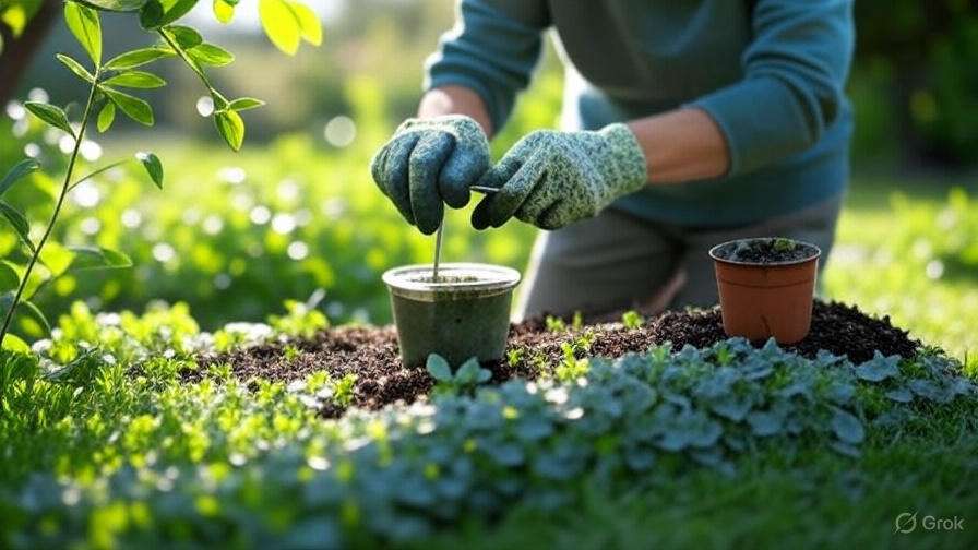 A gardener is planting seedlings in a garden bed, surrounded by fresh soil and greenery.