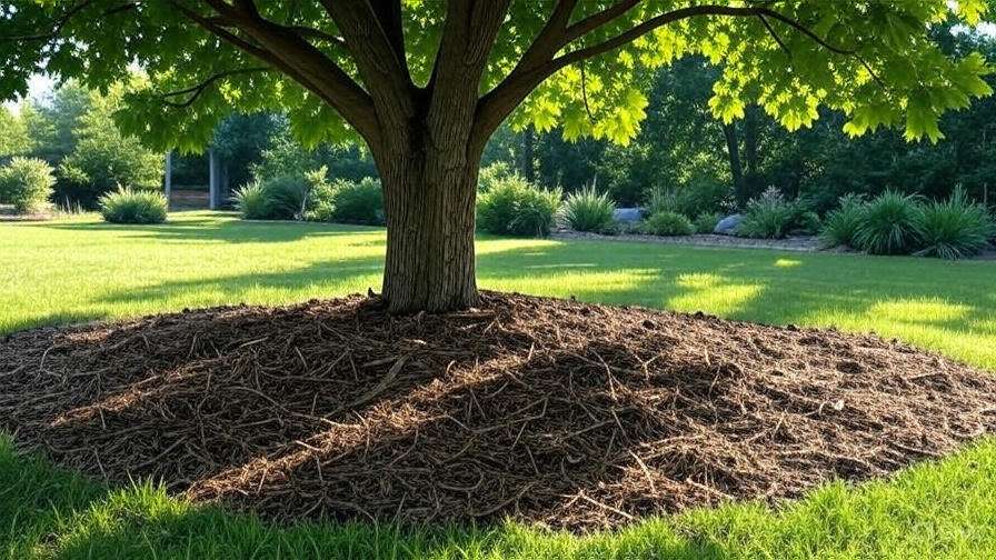 A lush tree with a broad canopy stands over a circular bed of brown mulch, surrounded by vibrant green grass and shrubs.
