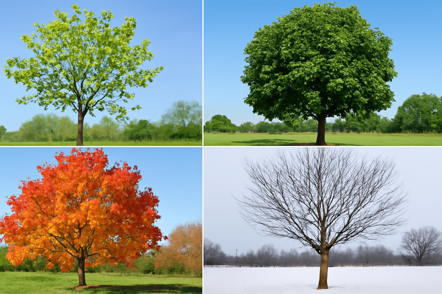 Four trees in different seasons: bright green leaves, vibrant autumn colors, lush summer foliage, and a bare winter tree against a blue sky.