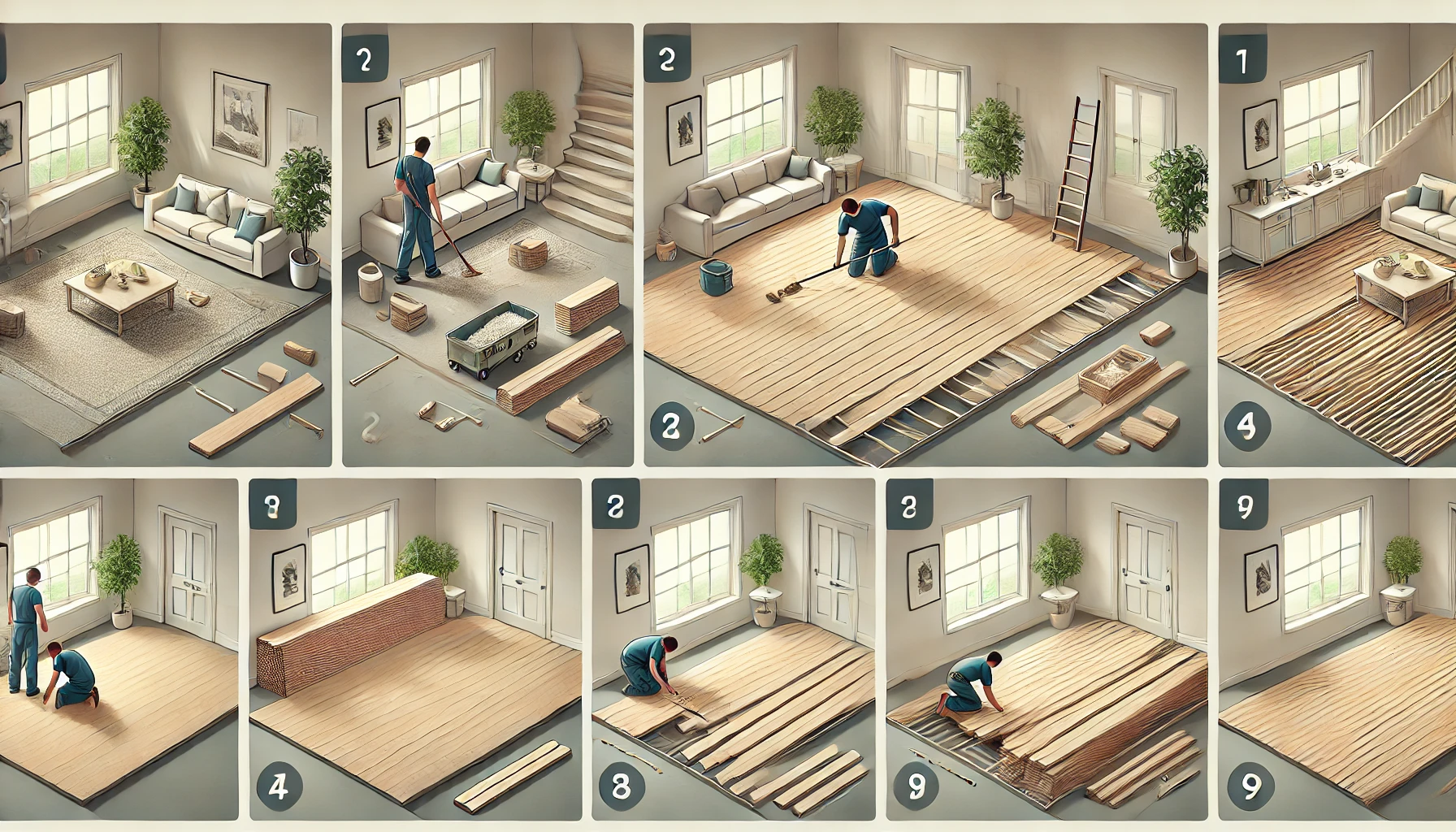 A step-by-step illustration showing a man installing wooden flooring in a living room, progressing from preparation to completion.