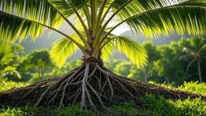 A close-up view of a palm tree's base, showcasing its intricate roots and vibrant green fronds against a sunlit background.
