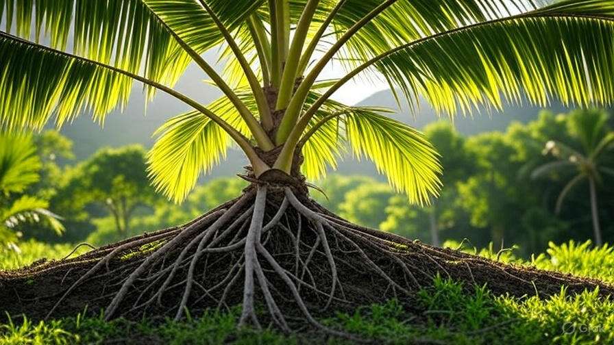 A close-up view of a palm tree's base, showcasing its intricate roots and vibrant green fronds against a sunlit background.