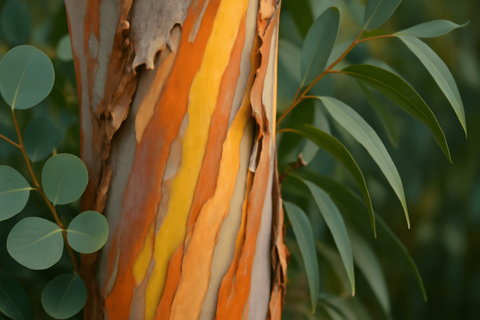 Close-up of a vibrant eucalyptus tree trunk, showcasing striking orange, yellow, and gray bark patterns, with green leaves nearby.