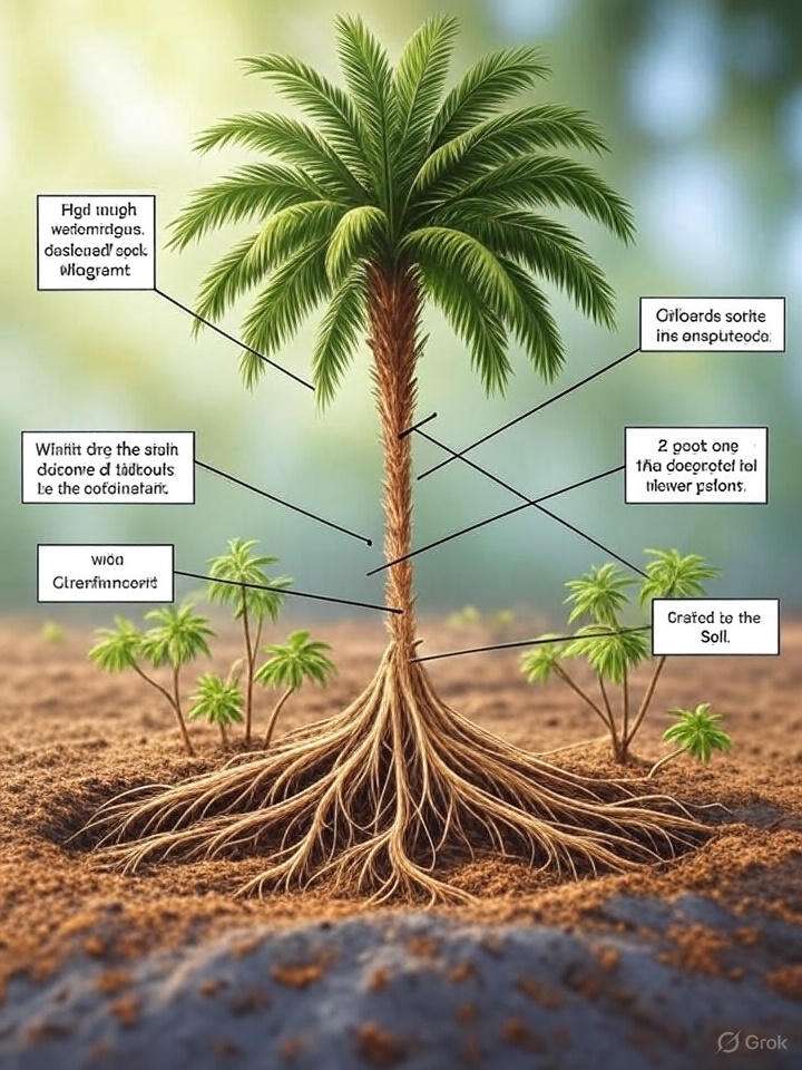 Educational diagram illustrating a palm tree with its roots and various parts clearly labeled for easy identification.