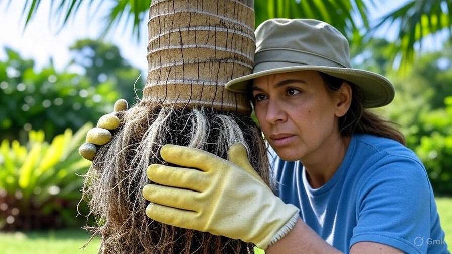 A woman wearing gloves and a hat stands holding a palm tree, symbolizing her love for plants and gardening.