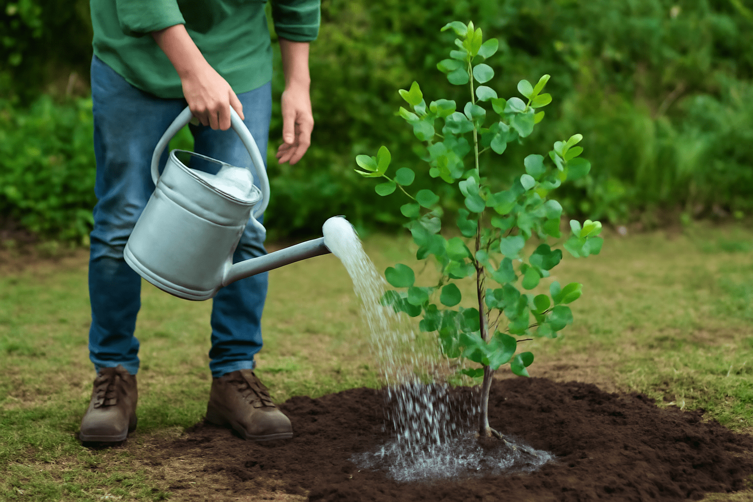 A person in a green shirt waters a small tree with a metal watering can in a garden setting, promoting plant growth.