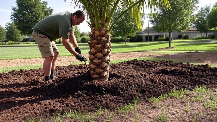 A man is planting a young palm tree into the soil, preparing the ground for its growth.