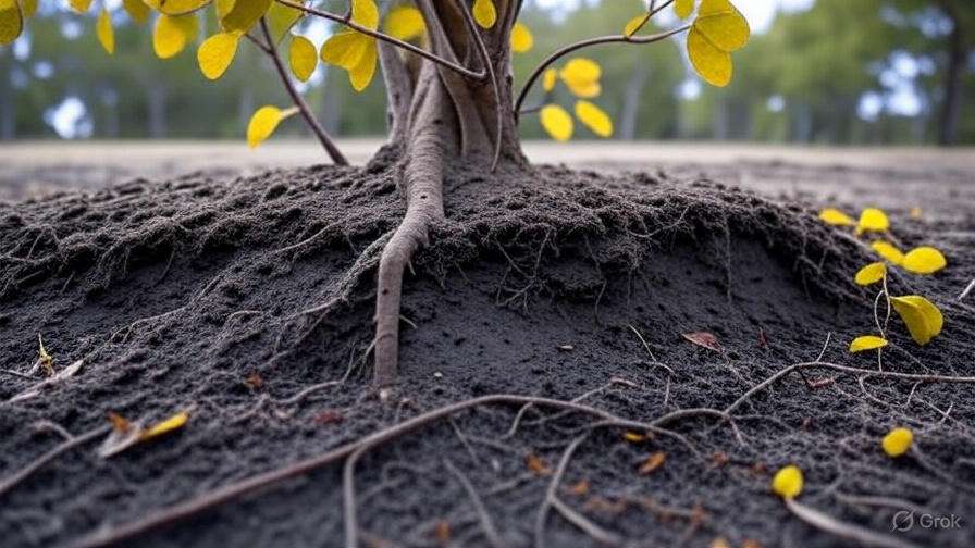 Close-up view of a tree's roots in rich soil, surrounded by scattered yellow leaves and a blurred forest backdrop.