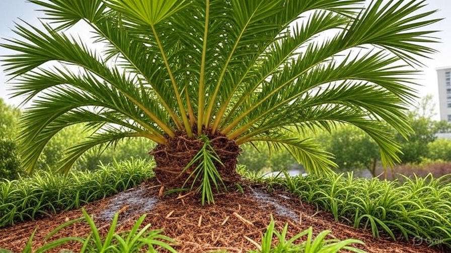 A vibrant palm tree rises in a garden, its base covered with dark mulch, enhancing the natural beauty of the area.