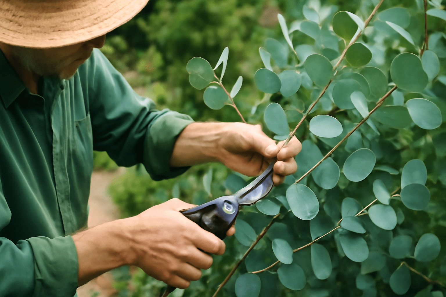 A person in a green shirt and straw hat uses pruning shears to cut a leafy branch in a lush garden.