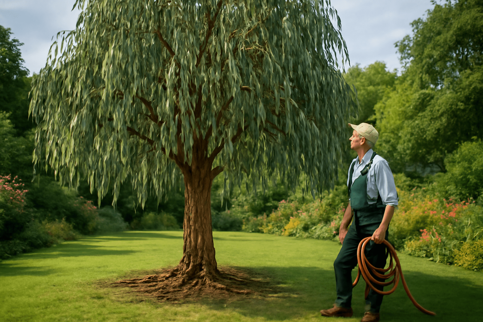A man poses next to a weeping willow tree, its drooping branches creating a serene atmosphere.