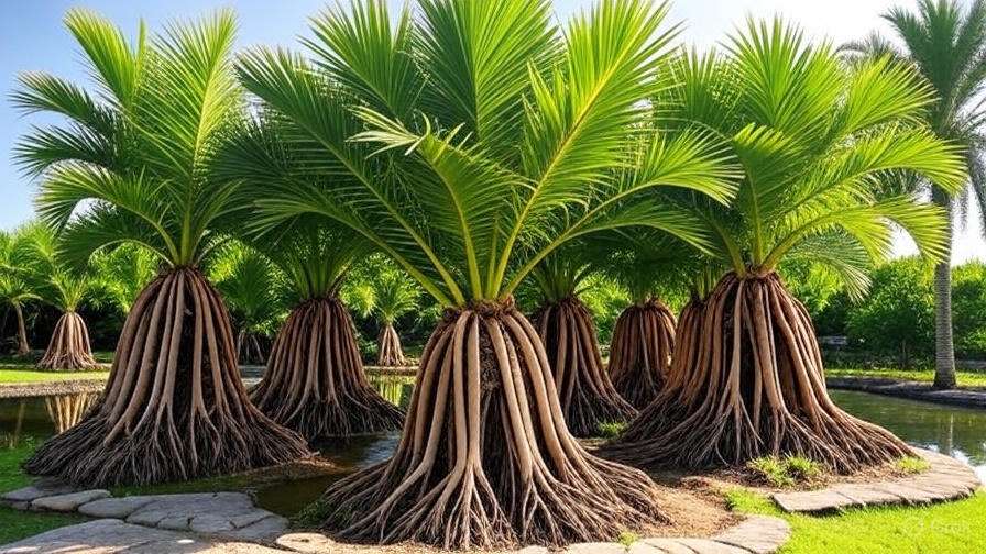 Lush garden featuring palm trees, a serene water feature, and vibrant green grass under a clear blue sky.