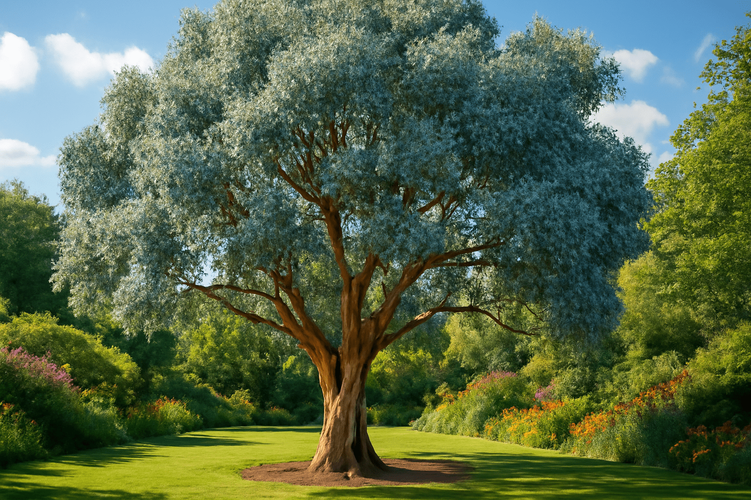A towering tree is situated in a verdant field, showcasing the beauty of nature in a sunny environment.