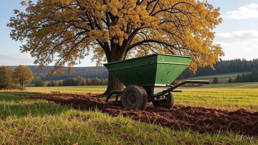 A green wheelbarrow sits on freshly plowed soil beneath a large yellow-leaved tree in a lush farmland landscape.