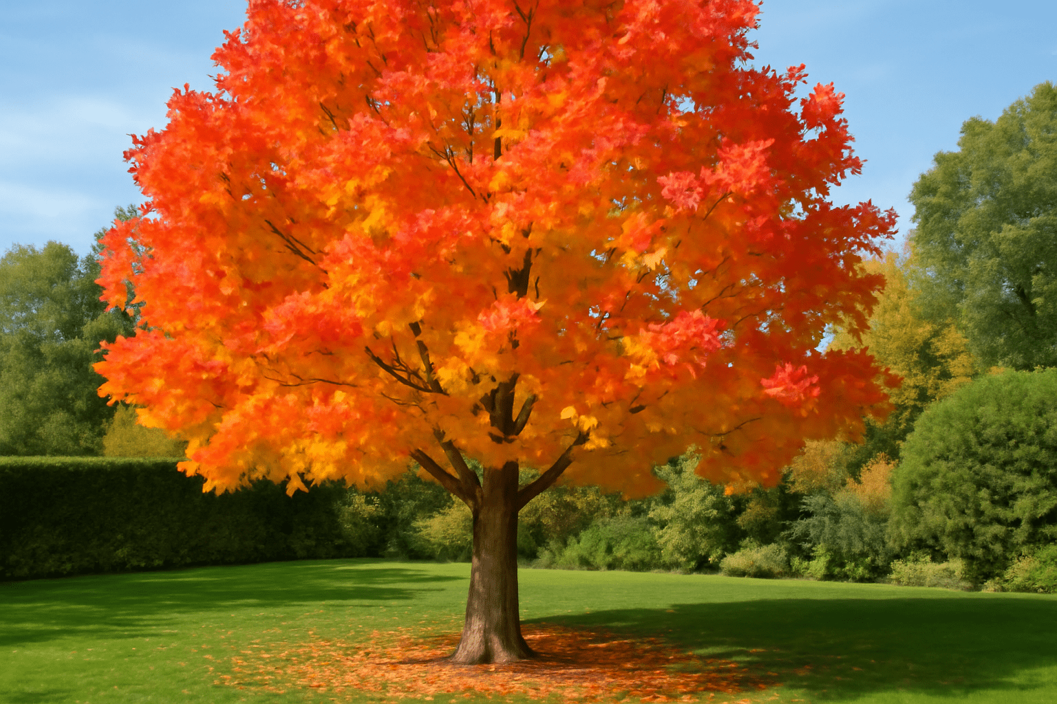 A vibrant maple tree with bright red and orange leaves stands in a lush green garden, surrounded by other trees under a clear blue sky.