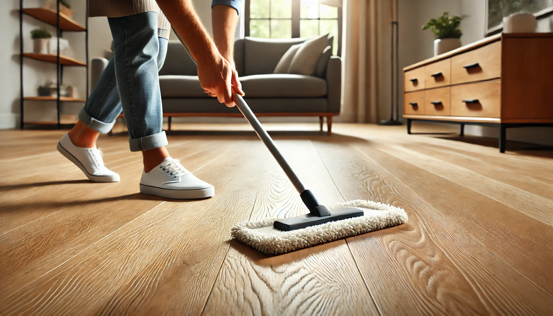 A person in white sneakers cleans a wooden floor with a mop in a well-lit, stylish living room featuring a sofa and decorative elements.