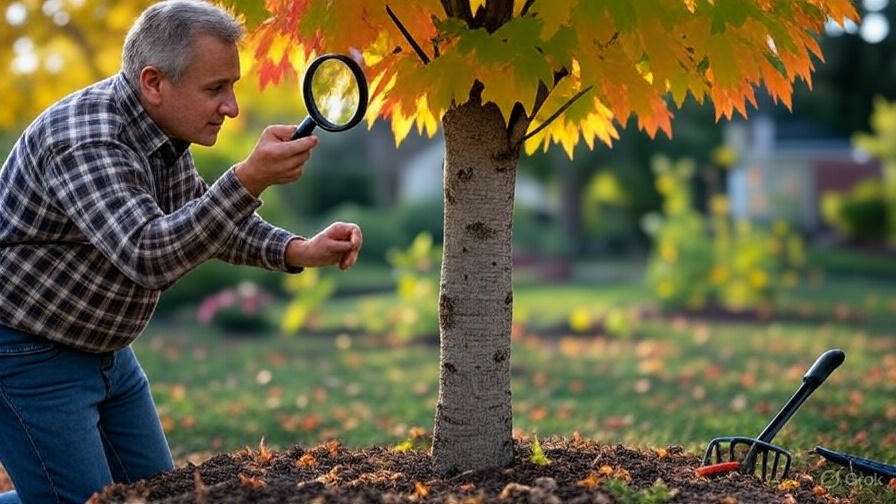 A person examines a tree closely with a magnifying glass, surrounded by vibrant autumn foliage and a garden fork nearby.