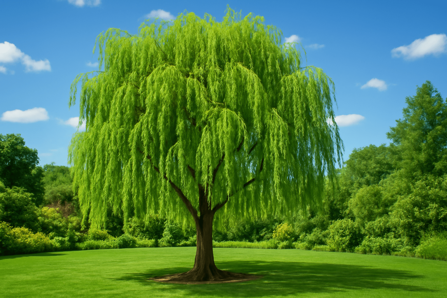 A lush green willow tree stands in the middle of a bright, sunny park. Its graceful branches drape down, set against a vivid blue sky with soft clouds.