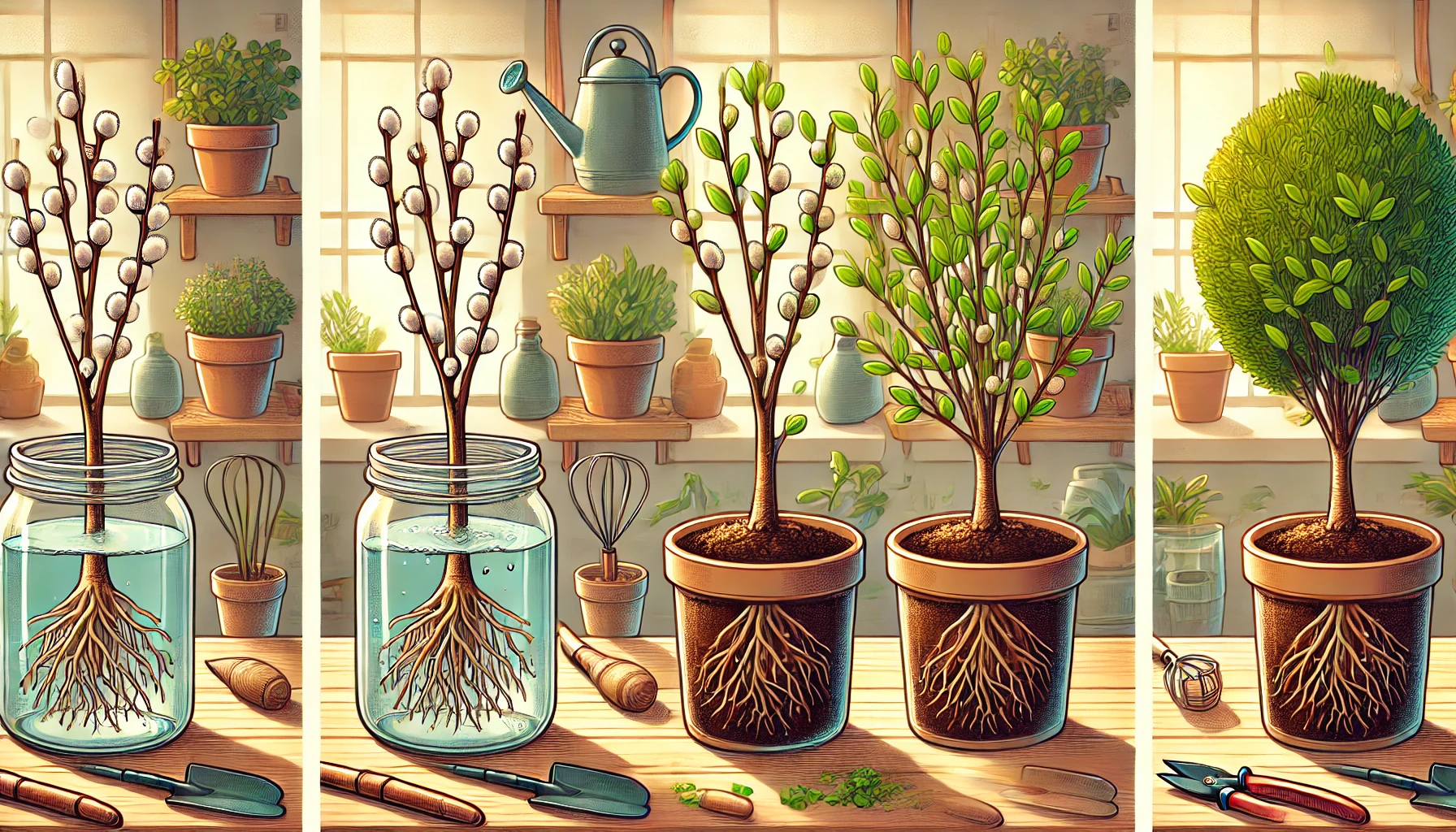 Three-panel illustration showing the stages of plant growth: rooting branches in water, transplanting into soil, and maturing into a leafy potted bush on a windowsill with gardening tools.