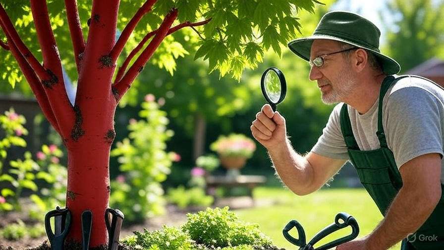 A person examines a vibrant red tree with a magnifying glass, surrounded by lush greenery and blooming flowers in a sunny garden.