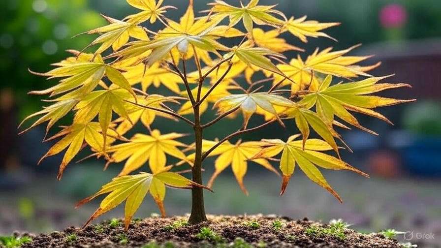 A young maple tree with bright yellow leaves stands proudly in rich soil, surrounded by soft greenery in the background.