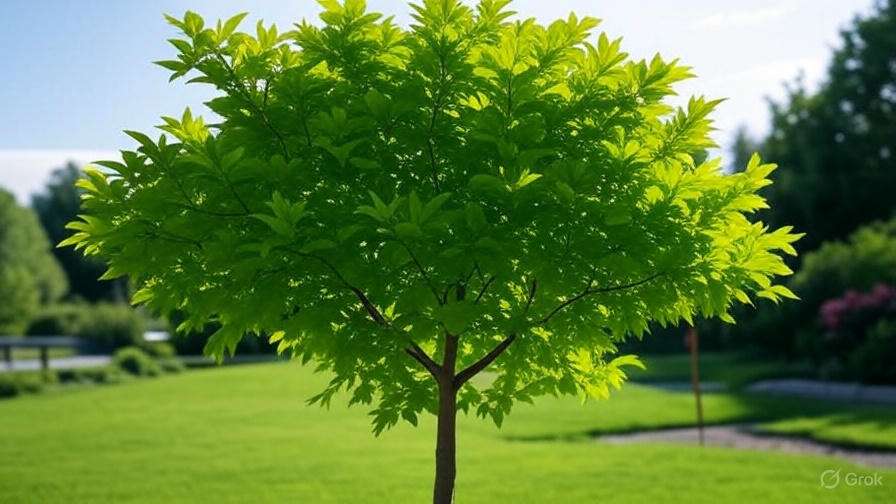 A lush, green tree with a full canopy stands in a sunlit lawn, surrounded by vibrant foliage and a serene landscape.